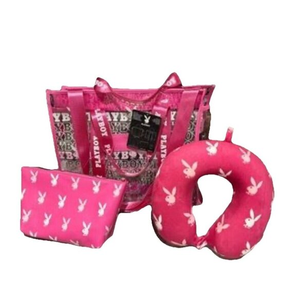 Playboy Signature Logo Hot Pink 3Pc Piece Transparent Travel Tote Set New. - Picture 1 of 7